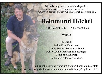 Traueranzeige Reinmund Höchtl, Weiden