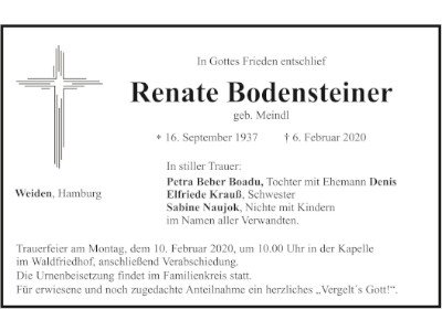 Traueranzeige Renate Bodensteiner, Weiden