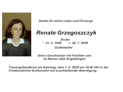 Traueranzeige Renate Grzegoszczyk, Grafenwöhr