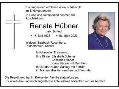 Traueranzeige Renate Hübner, Weiden