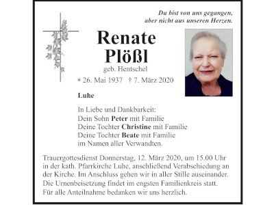 Traueranzeige Renate Plößl, Luhe