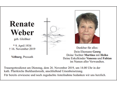 Traueranzeige Renate Weber, Velburg