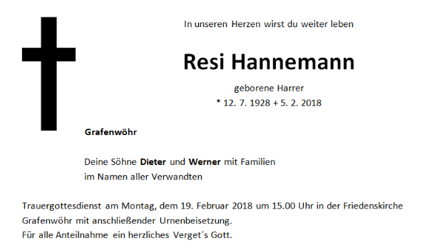 Traueranzeige Resi Hannemann, Grafenwöhr