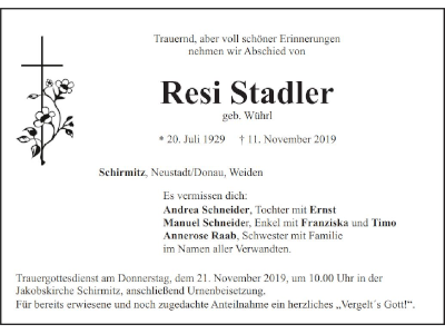 Traueranzeige Resi Stadler, Schirmitz