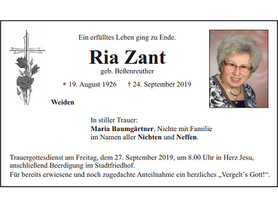 Traueranzeige Ria Zant, Weiden