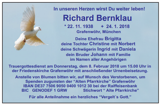 Traueranzeige Richard Bernklau, Grafenwöhr