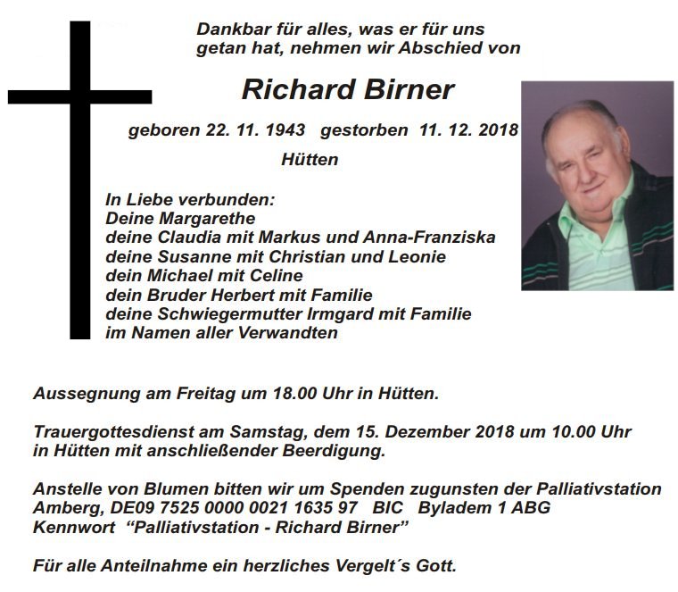 Traueranzeige Richard Birner, Hütten