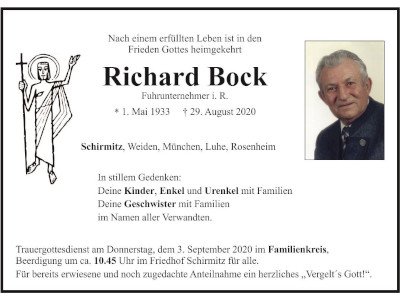 Traueranzeige Richard Bock, Schirmitz