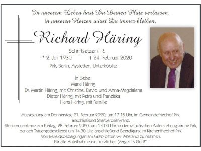 Traueranzeige Richard Häring, Pirk