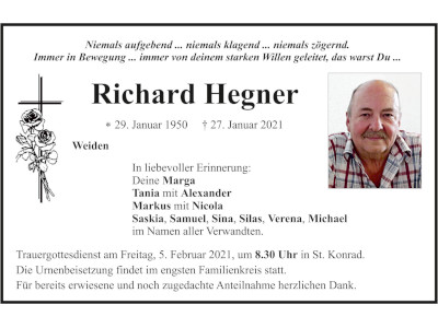Traueranzeige Richard Hegner, Weiden