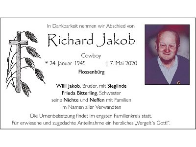 Traueranzeige Richard Jakob, Flossenbürg