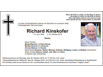 Traueranzeige Richard Kinskofer, Weiden