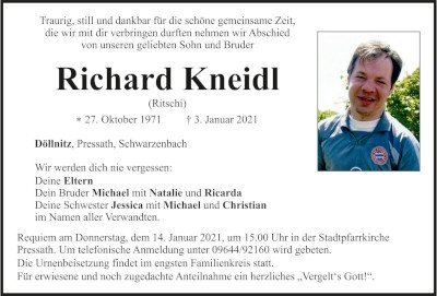 Traueranzeige Richard Kneidl, Döllnitz