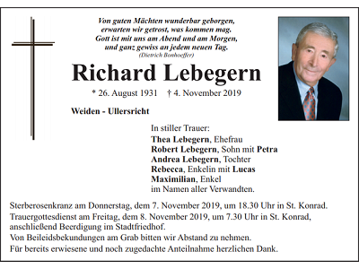 Traueranzeige Richard Lebegern, Weiden