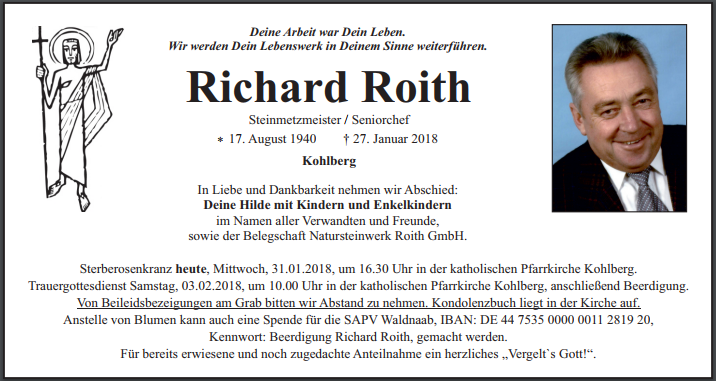 Traueranzeige Richard Roith, Kohlberg