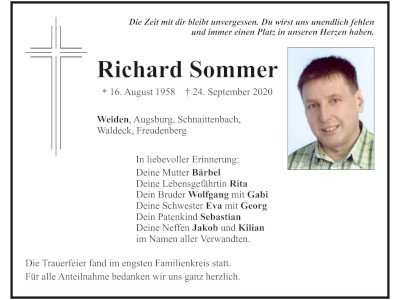 Traueranzeige Richard Sommer, Weiden