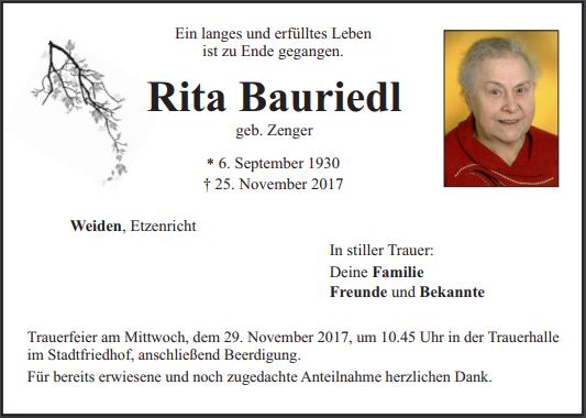 Traueranzeige Rita Bauriedl, Weiden