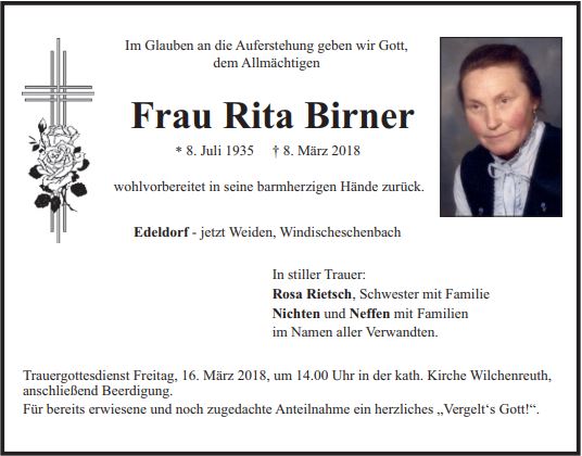 Traueranzeige Rita Birner, Weiden