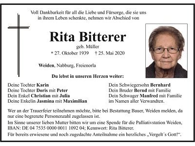 Traueranzeige Rita Bitterer, Weiden
