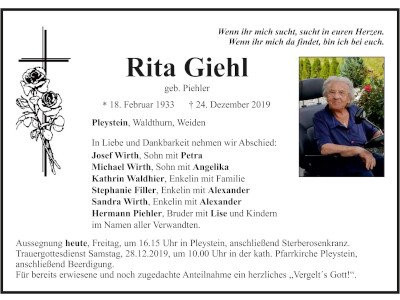 Traueranzeige Rita Giehl, Pleystein