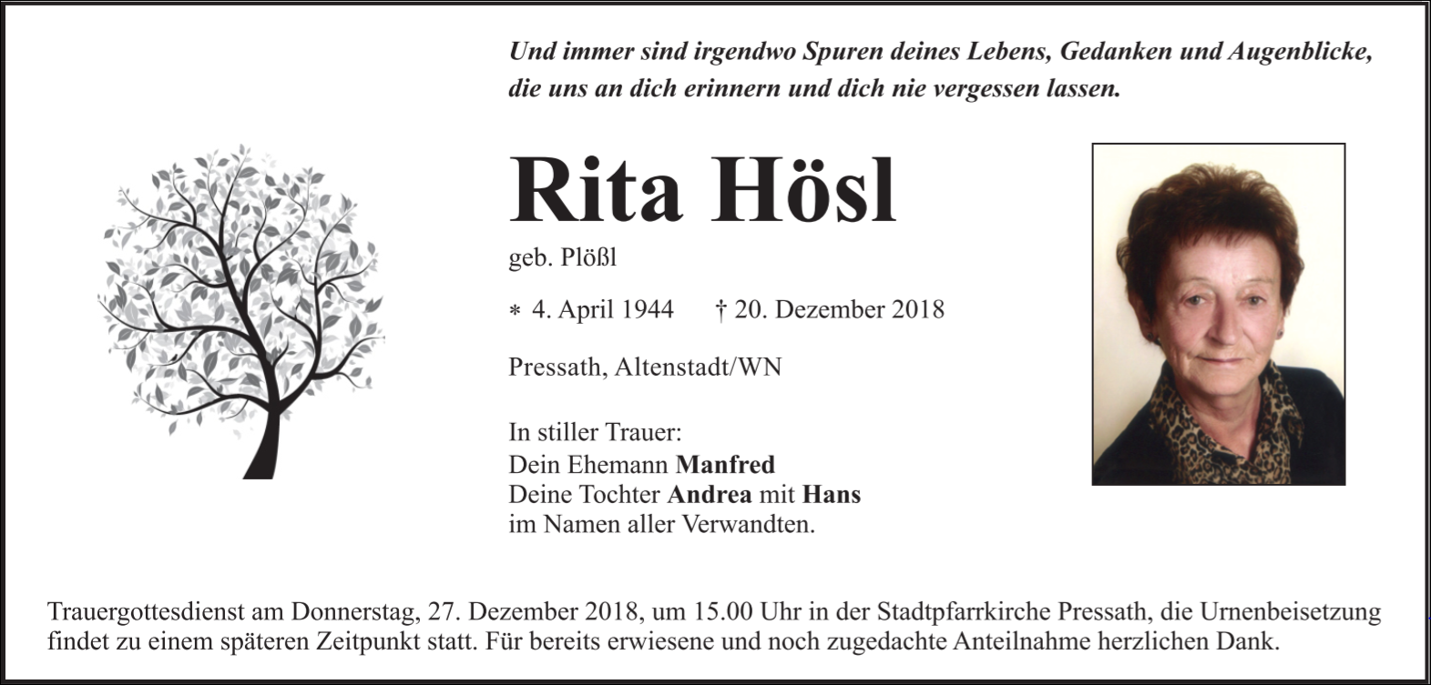 Traueranzeige Rita Hösl, Pressath