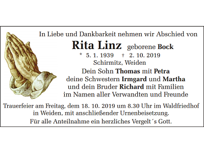 Traueranzeige Rita Linz, Schirmitz