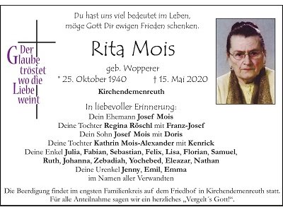Traueranzeige Rita Mois, Kirchendemenreuth