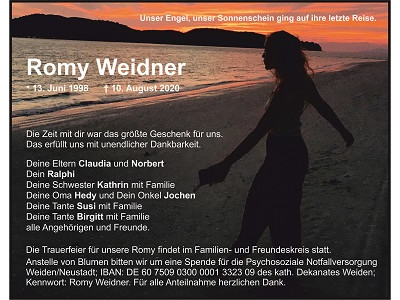 Traueranzeige Romy Weidner, AltenstadtWN