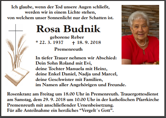 Traueranzeige Rosa Budnik, Premenreuth
