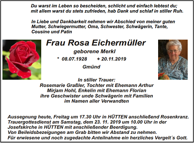 Traueranzeige Rosa Eichermüller, Gmünd