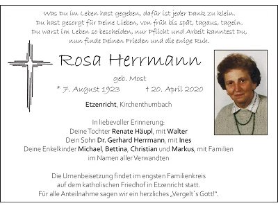 Traueranzeige Rosa Herrmann, Etzenricht