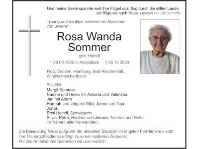 Traueranzeige Rosa Sommer, Floß