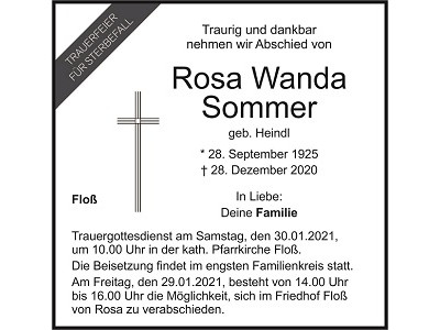 Traueranzeige Rosa Wanda Sommer, Floß