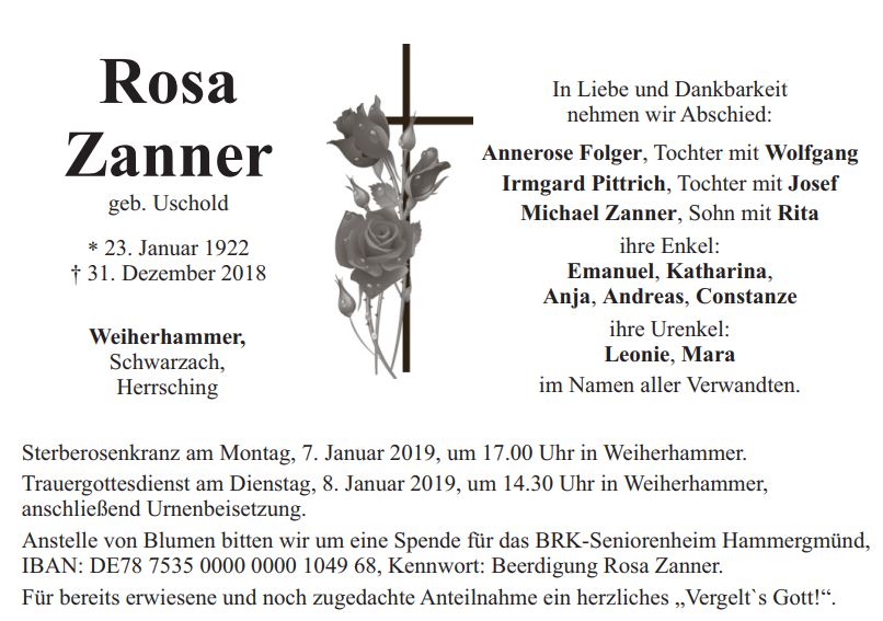 Traueranzeige Rosa Zanner, Weiherhammer