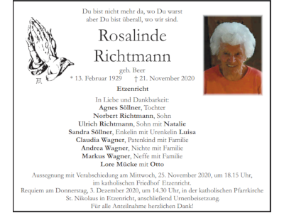 Traueranzeige Rosalinde Richtmann, Etzenricht