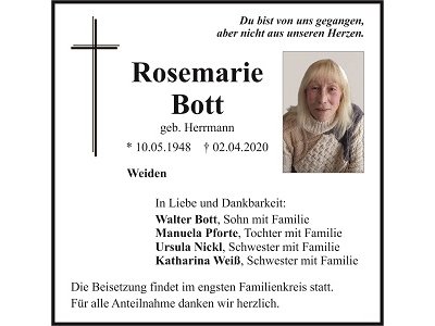 Traueranzeige Rosemarie Bott, Weiden