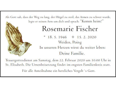 Traueranzeige Rosemarie Fischer, Weiden