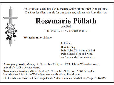 Traueranzeige Rosemarie Pöllath, Weiherhammer