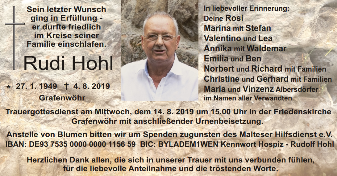Traueranzeige Rudi Hohl, Grafenwöhr
