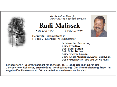 Traueranzeige Rudi Malissek, Schirmitz