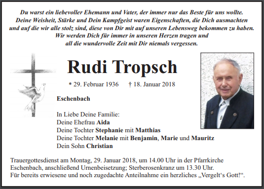 Traueranzeige Rudi Tropsch, Eschenbach
