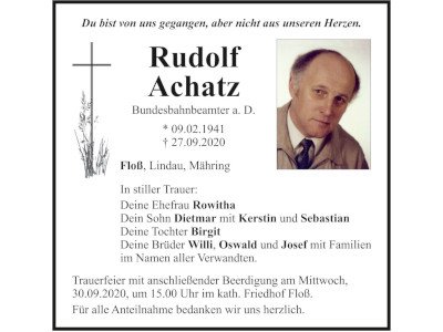 Traueranzeige Rudolf Achatz, Floß