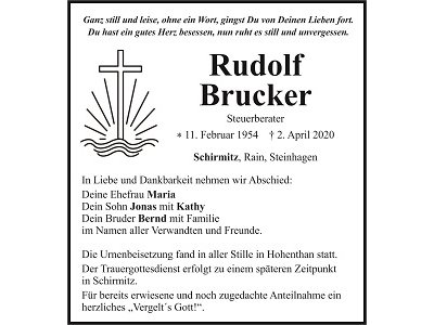 Traueranzeige Rudolf Brucker, Schirmitz