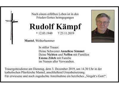 Traueranzeige Rudolf Kämpf, Mantel