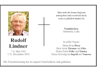 Traueranzeige Rudolf Lindner, Neunkirchen