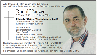 Traueranzeige Rudolf Panzer, Erbendorf