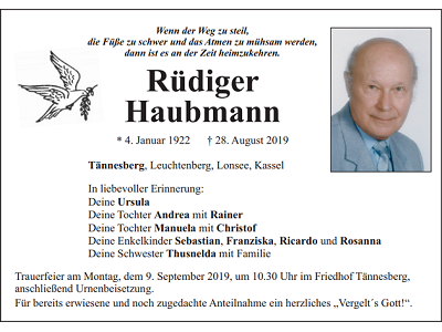 Traueranzeige Rüdiger Haubmann, Tännesberg