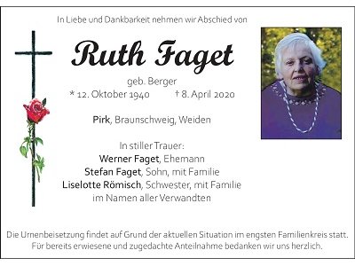 Traueranzeige Ruth Faget, Pirk