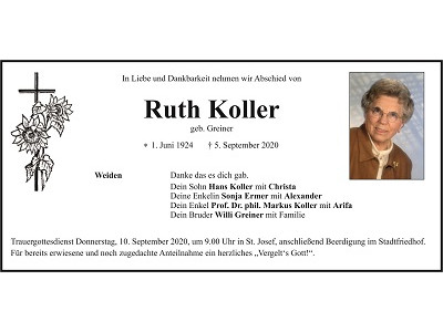 Traueranzeige Ruth Koller, Weiden