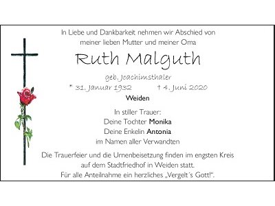 Traueranzeige Ruth Malguth, Weiden